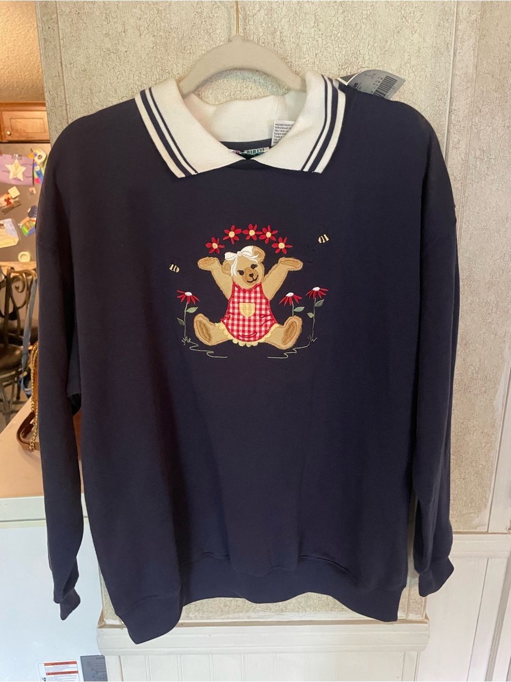 Vintage Spirit Embroidered Teddy Bear Navy Crewneck Sweater